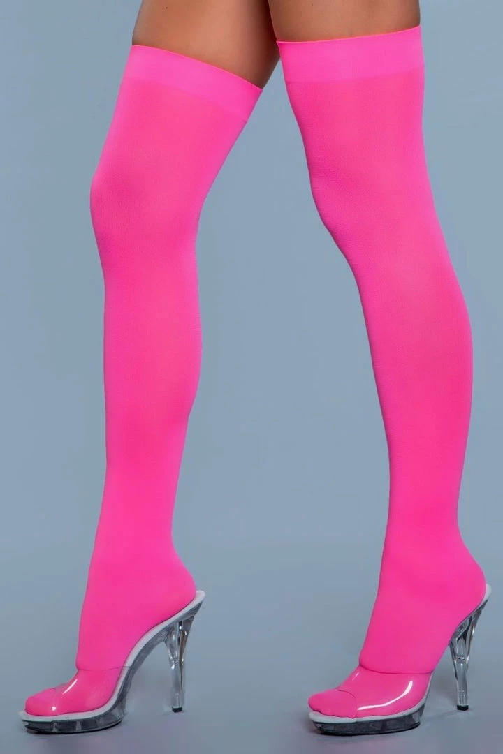 Be Wicked Opaque Nylon Thigh Highs Neon Pink 3 Be Wicked Opaque Nylon Thigh Highs Neon Pink