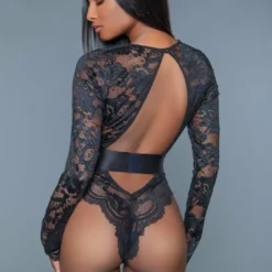 Be Wicked Tops Ramona Black Lace Long Sleeve Bodysuit