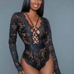 Be Wicked Tops Ramona Black Lace Long Sleeve Bodysuit