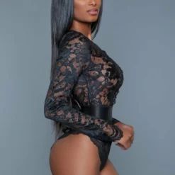 Be Wicked Tops Ramona Black Lace Long Sleeve Bodysuit