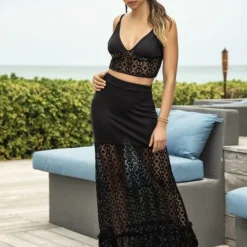 Espiral Black Crochet Netting Top And Skirt Set