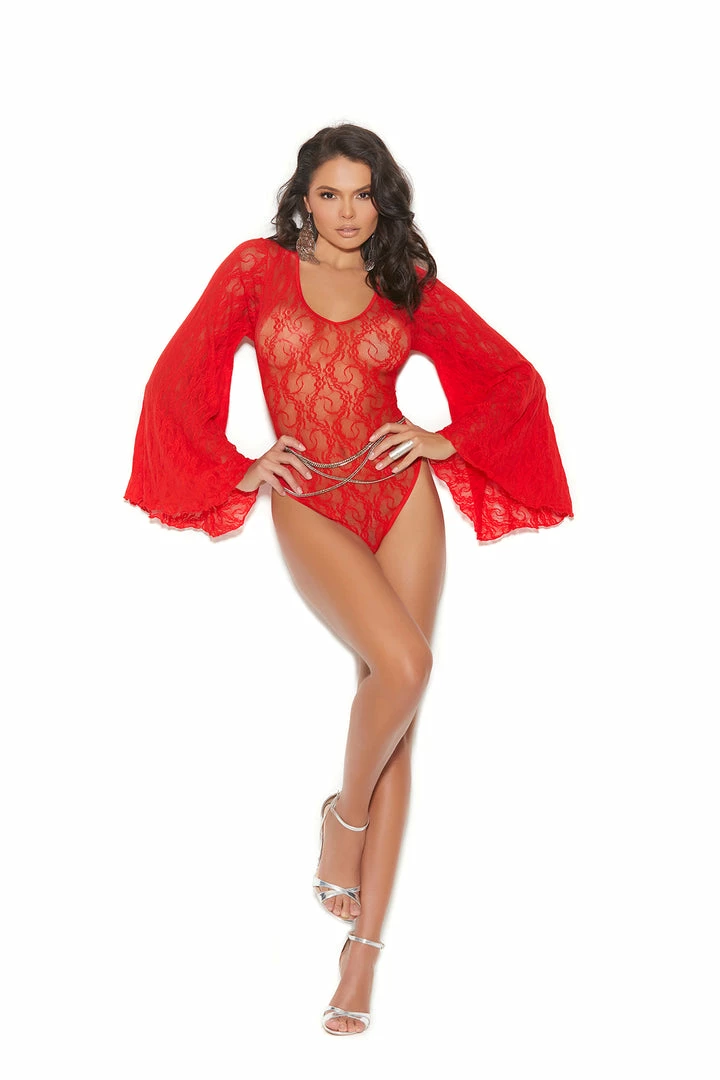 Elegant Moments Tops Red Lace Bodysuit With Bell Sleeves 3 Elegant Moments Tops Red Lace Bodysuit With Bell Sleeves