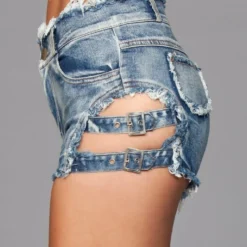 Be Wicked Buckled Down Denim Shorts Blue Wash
