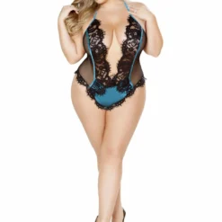 Roma Costume Plus Size Lingerie Black/Blue One Piece V-Shaped Eyelash Lace And Satin Teddy With Snap Bottom
