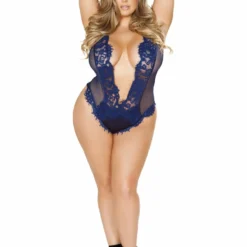 Roma Costume Plus Size Lingerie Navy Blue One Piece V-Shaped Eyelash Lace And Satin Teddy