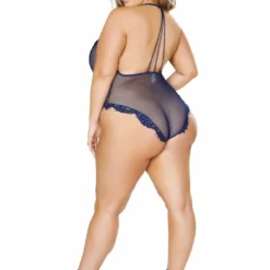 Roma Costume Plus Size Lingerie Navy Blue One Piece V-Shaped Eyelash Lace And Satin Teddy