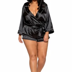Roma Costume Plus Size Lingerie Chic Cozy Collared Satin Romper With Tie