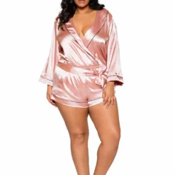 Roma Costume Plus Size Lingerie Chic Cozy Collared Satin Romper With Tie