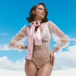 Roma Costume LINGERIE Elegant Sheer Mesh & Lace Teddy With Flair Sleeve And Optional Satin Tie