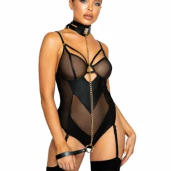 Roma Costume Netted Matte Bodysuit With Garter Set