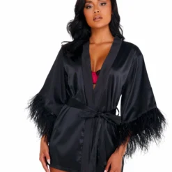 Roma Costume Soft Satin Robe With Ostrich Feathered Trim LINGERIE