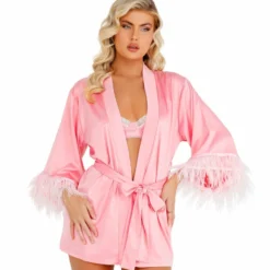 Roma Costume Soft Satin Robe With Ostrich Feathered Trim LINGERIE
