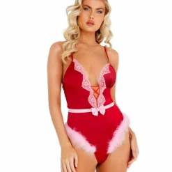 Roma Costume Marabou Satin Teddy With Bow Detail