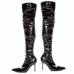 Ellie Shoes Faux Stretch Leather And Patent Thigh High With Ruching