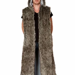 JValentine Men's Black Wolf Faux Fur Hooded Duster Jackets & Coats