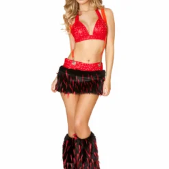 JValentine Faux Fur Red Spike Suspender Skirt And Halter Top CLOTHING